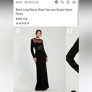 *NWT* MacDuggal Velvet Illusion Crew Neck Long Sleeve Lace Bustier Bodice Gown